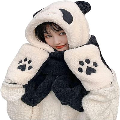 Women Girls 3 in 1 Hoodie Cap Panda Animal Winter Hats Cute Paw Gloves Mitten Scarf Set for Christmas Party Holiday Hat (White-Panda)