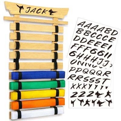 Winartton 10 Belts Bamboo Karate Belt Display Rack Hold, Taekwondo Belt Display with Stickers, Martial Arts Belt Display, No Assembly Required, Belt Holder for Adult