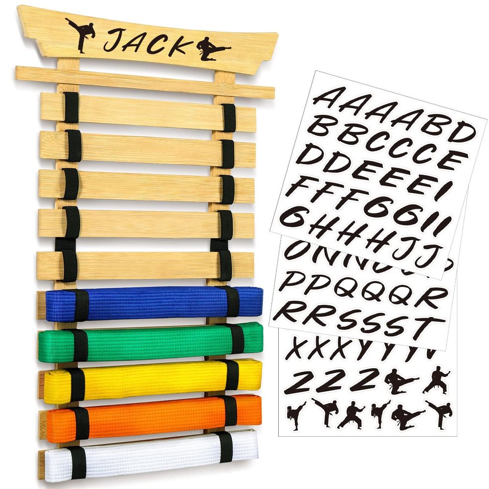 Winartton 10 Belts Bamboo Karate Belt Display Rack Hold, Taekwondo Belt Display with Stickers, Martial Arts Belt Display, No Assembly Required, Belt Holder for Adult