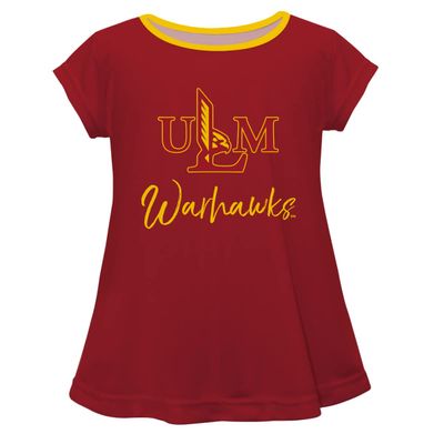 Louisiana Monroe Warhawks ULM Short Sleeve Maroon Top with School Logo and Name - Soft & Comfy Loose Bottom Scoop Neck Swing Style T Shirt (Infant, Youth & Girls)