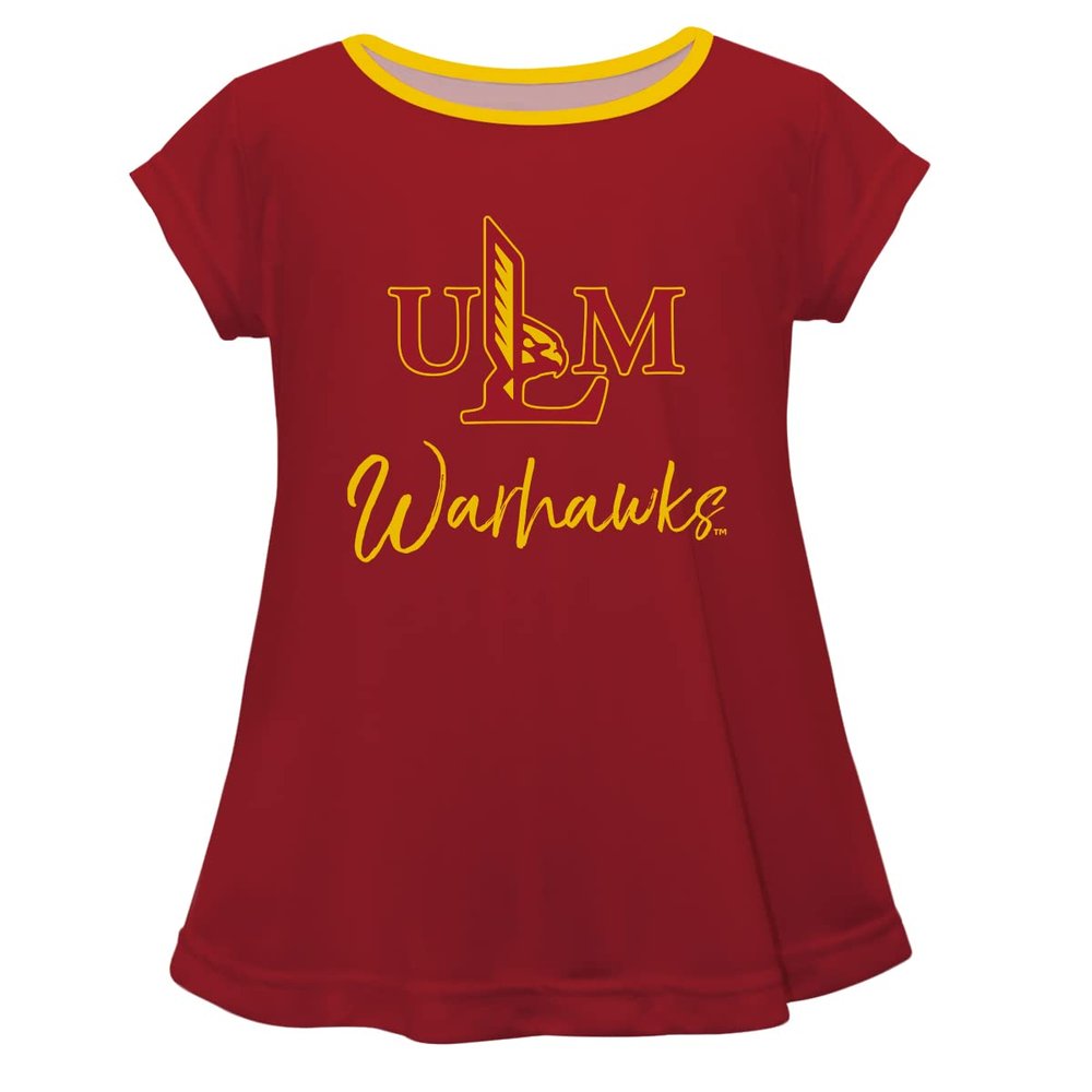 Louisiana Monroe Warhawks ULM Short Sleeve Maroon Top with School Logo and Name - Soft & Comfy Loose Bottom Scoop Neck Swing Style T Shirt (Infant, Youth & Girls)
