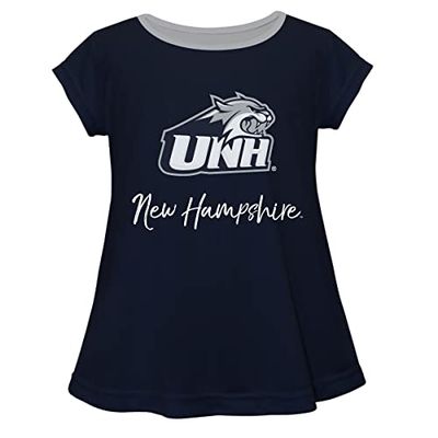 New Hampshire Wildcats UNH Short Sleeve Navy Top with School Logo and Name - Soft & Comfy Loose Bottom Scoop Neck Swing Style T Shirt (Infant, Youth & Girls)