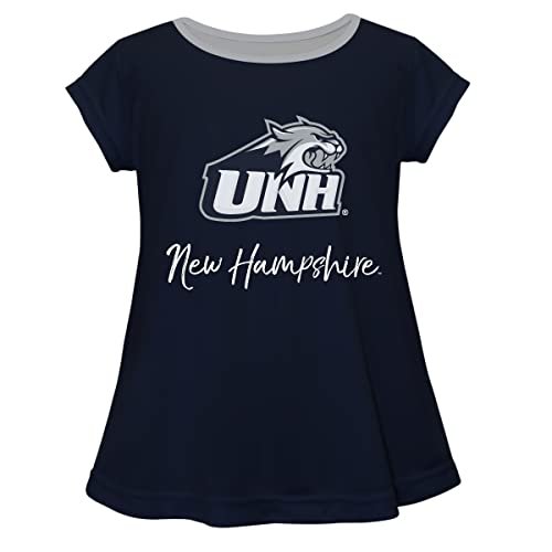 New Hampshire Wildcats UNH Short Sleeve Navy Top with School Logo and Name - Soft & Comfy Loose Bottom Scoop Neck Swing Style T Shirt (Infant, Youth & Girls)