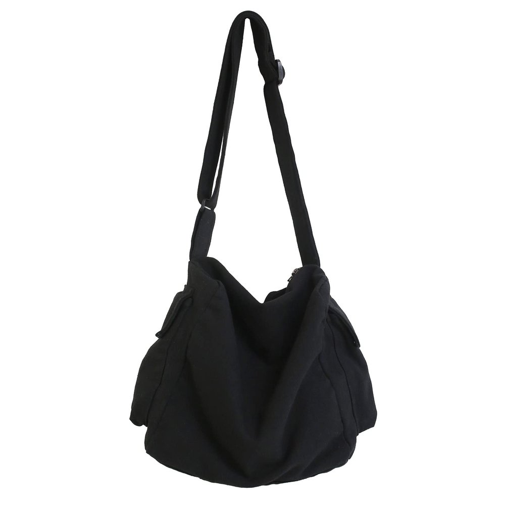 KlaOYer Canvas Messenger Bag Large Hobo Bag Crossbody Shoulder Bag Tote Bag with Pocket for Women and Men (Black 2)