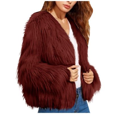 COTECRAM Women's Luxury Winter Warm Fluffy Faux Fur Plus Size Parka Jacket - Open Front Long Sleeve Cardigan Coats - Casual Elegant Evening Wedding Guest Coats (J Wine, Small)