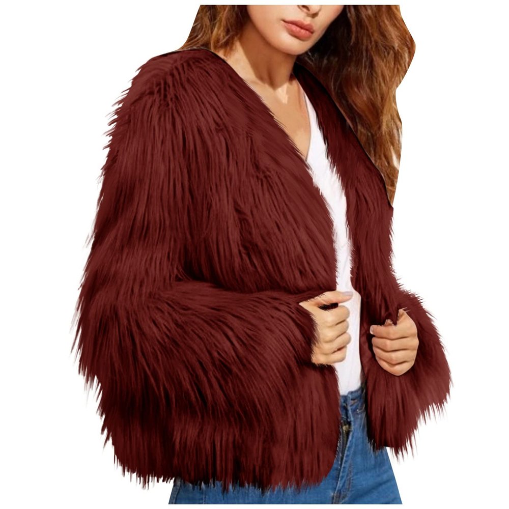 COTECRAM Women's Luxury Winter Warm Fluffy Faux Fur Plus Size Parka Jacket - Open Front Long Sleeve Cardigan Coats - Casual Elegant Evening Wedding Guest Coats (J Wine, Small)