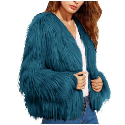 COTECRAM Jackets for Women Luxury Winter Warm Fluffy Faux Fur Plus Size Coat Jacket Open Front Long Sleeve Cardigan Coats Casual Elegant Evening Parka Wedding Coats(J Blue,Large)