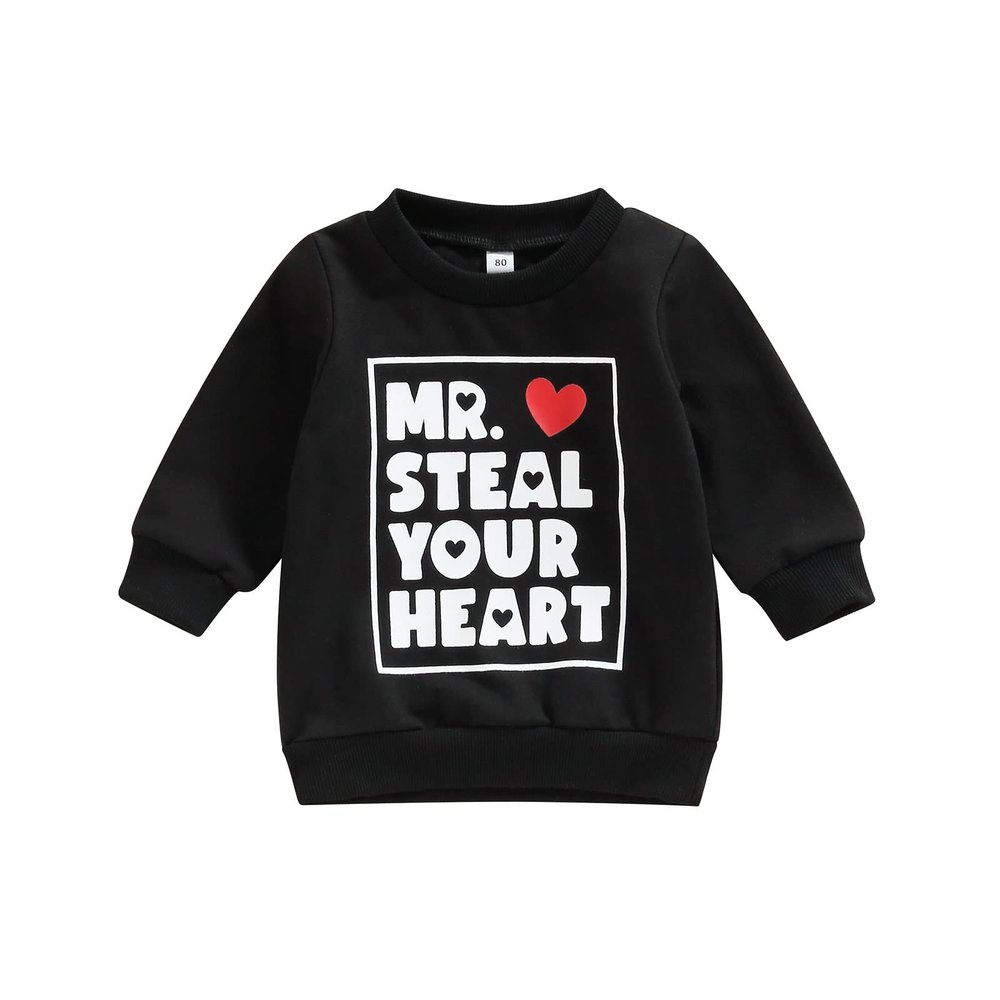 Kayotuas Toddler Valentines Day Shirt for Boys Girls Cute Letter Print Long Sleeve Top Crewneck Sweatshirt Fall Winter Clothes (MR. STEAL YOUR HEART Black,0-6 Months)
