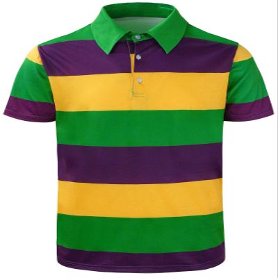 LINOCOUTON Men's Striped Shirt Purple Gold Green Rugby Short Sleeve Golf Polo, Multicoloured, XX-Large