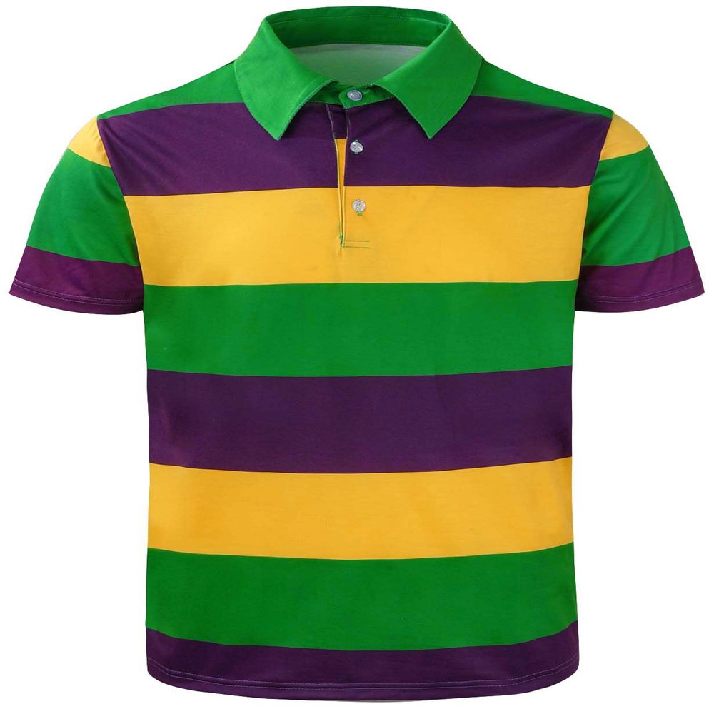 LINOCOUTON Men's Striped Shirt Purple Gold Green Rugby Short Sleeve Golf Polo, Multicoloured, XX-Large