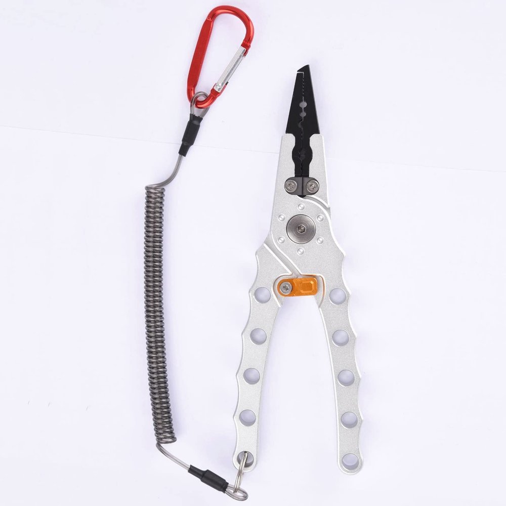 LUYILA Fishing Pliers Aluminum Braid Cutters Split Ring Pliers Hook Remover Fish Holder with Sheath and Lanyard (Color : Silver)