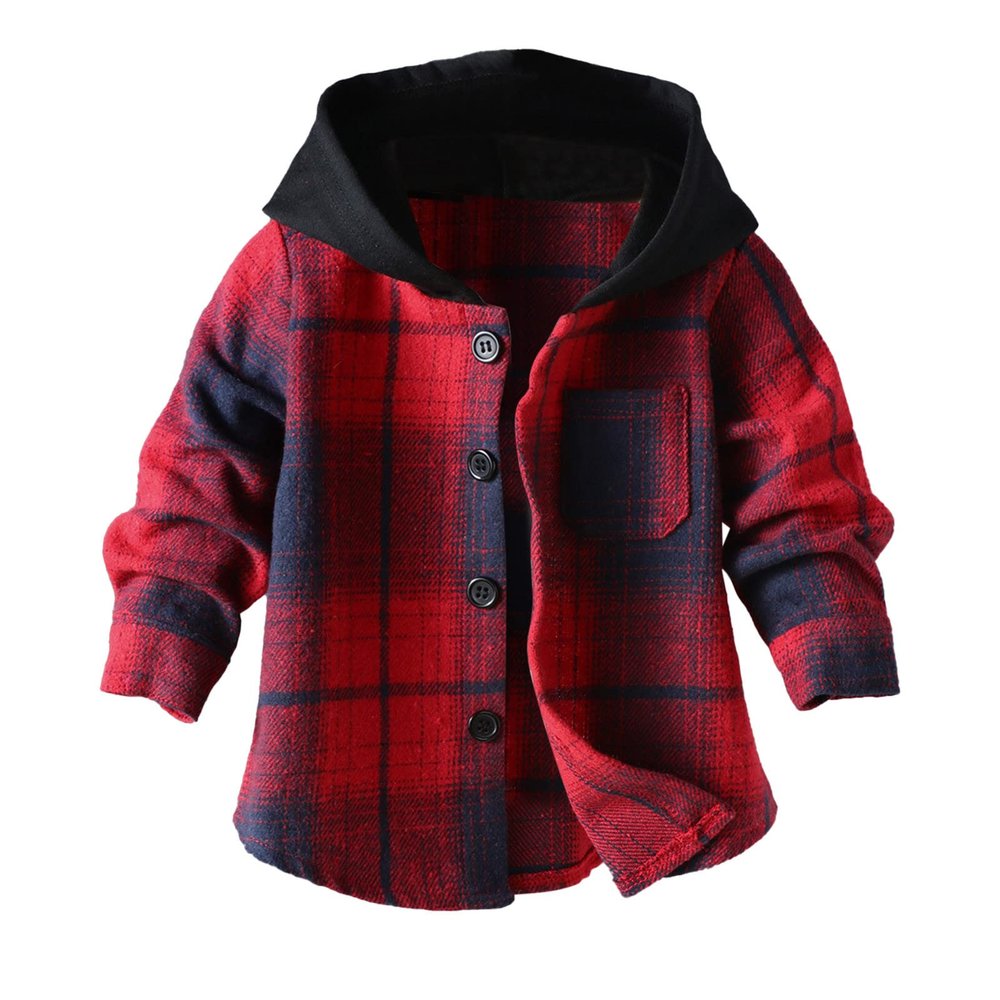 Girls Plaid Shirt Kids Boys Girls Flannel Hooded Jacket Long Sleeve Button Down Shirt 0-18 Months (Red, 3-6 Months)