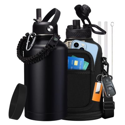 64 oz Insulated Water Bottle with Straw & Auto Spout Lids, Paracord Handle, Half Gallon Waterbottle Strap Carrier & Protective Boot, Wide Mouth Metal Canteen Thermo Mug, Leak-proof Sports Black Jug