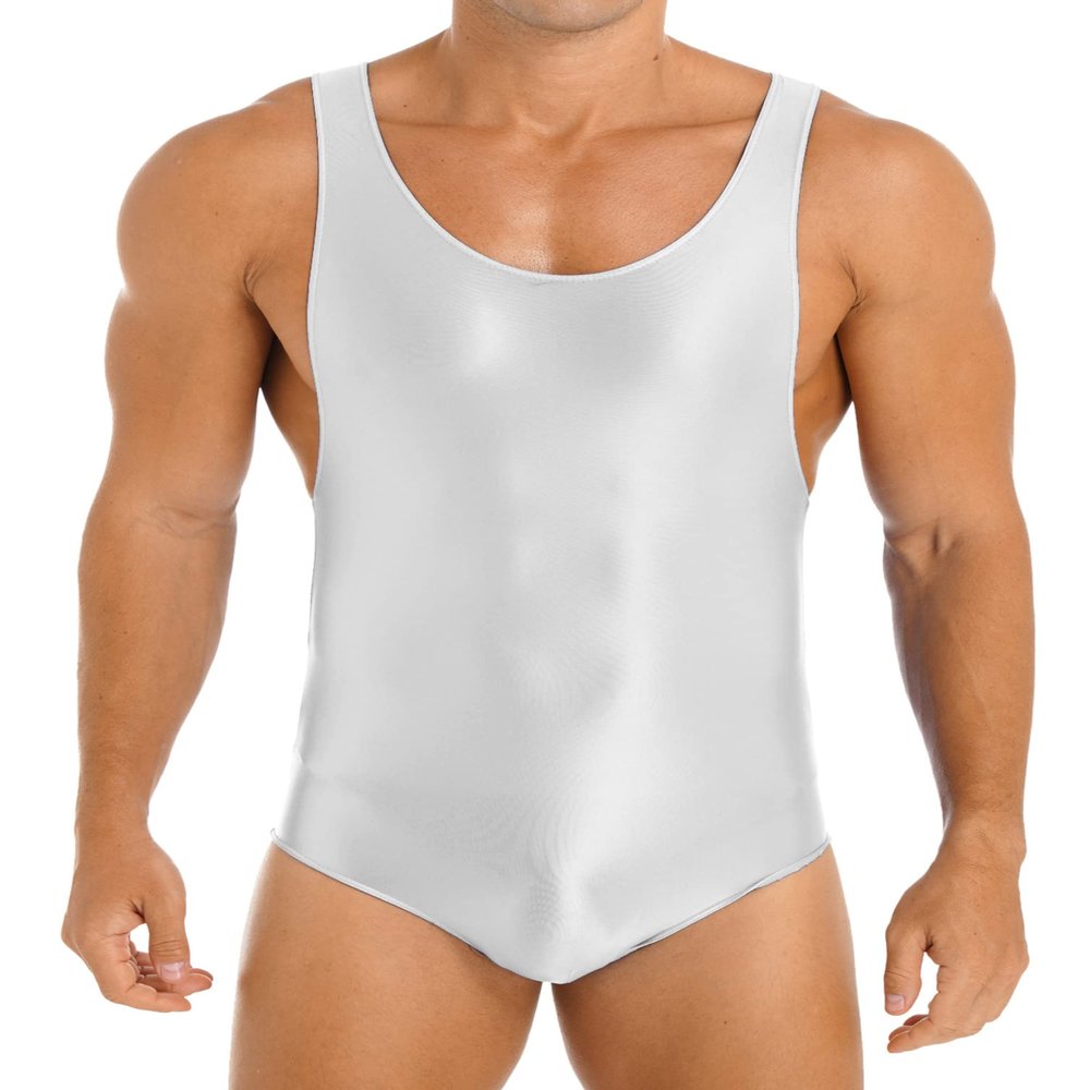 Linjinx Men's 70D Glossy Scoop Neck Bodysuit Sport Yoga Gym Fitness Beach Swimming Bathing Suit White Medium