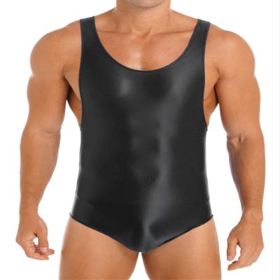 Linjinx Men's 70D Glossy Scoop Neck Bodysuit Sport Yoga Gym Fitness Beach Swimming Bathing Suit Black Medium