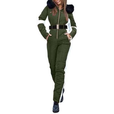 ZHUER Womens Winter Onesies Ski Suit Jumpsuit Fashion Hooded Outdoor Sports Waterproof Snowsuit with Removable Fur Collar C- Army Green