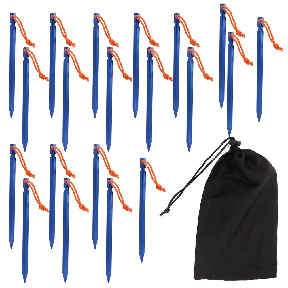 20 Pack Tent Stakes, V Shape Heavy Duty Tent Peg Aluminum Alloy Tent Stakes with Ropes for Outdoor Camping Tent Accessories(Blue)