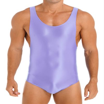 Jugaoge Mens Oily Glossy One Piece Bodysuit Swimming Suits Sleeveless Sports Swimwear Yoga Jumpsuit Purple X-Large
