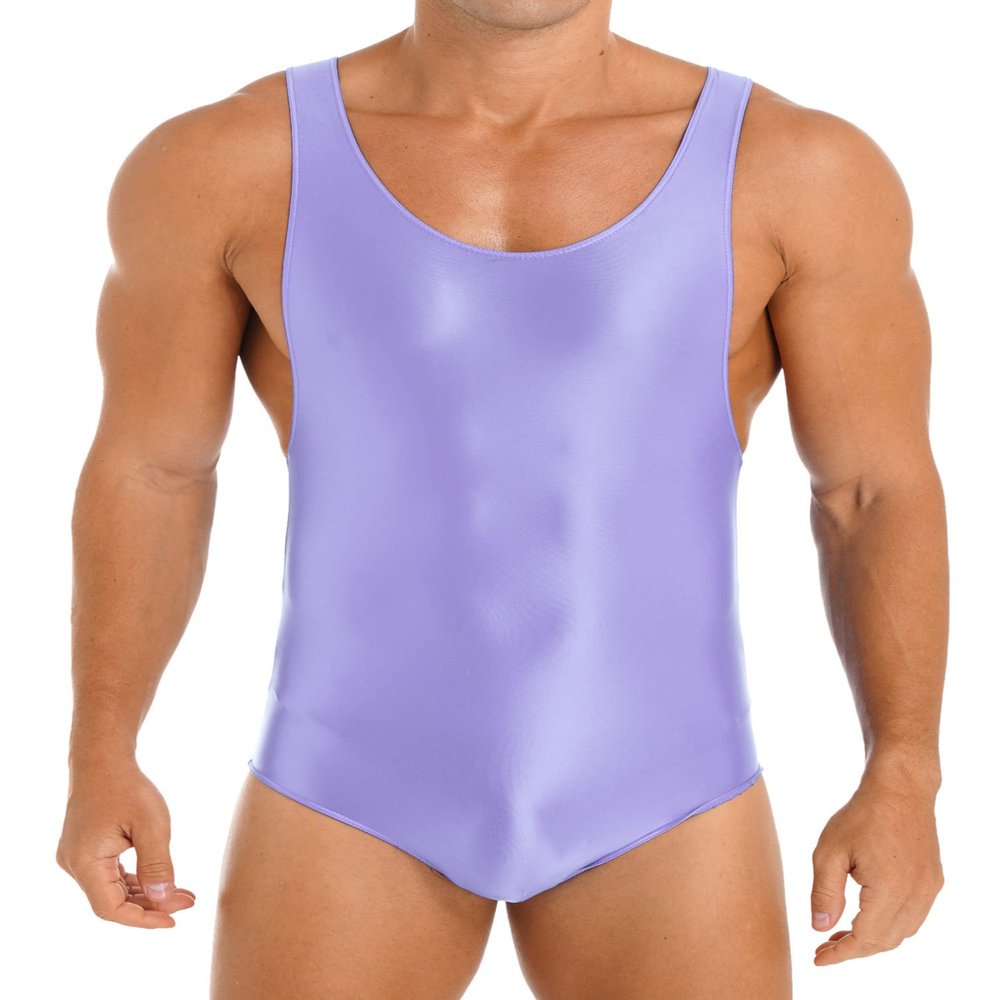 Jugaoge Mens Oily Glossy One Piece Bodysuit Swimming Suits Sleeveless Sports Swimwear Yoga Jumpsuit Purple X-Large