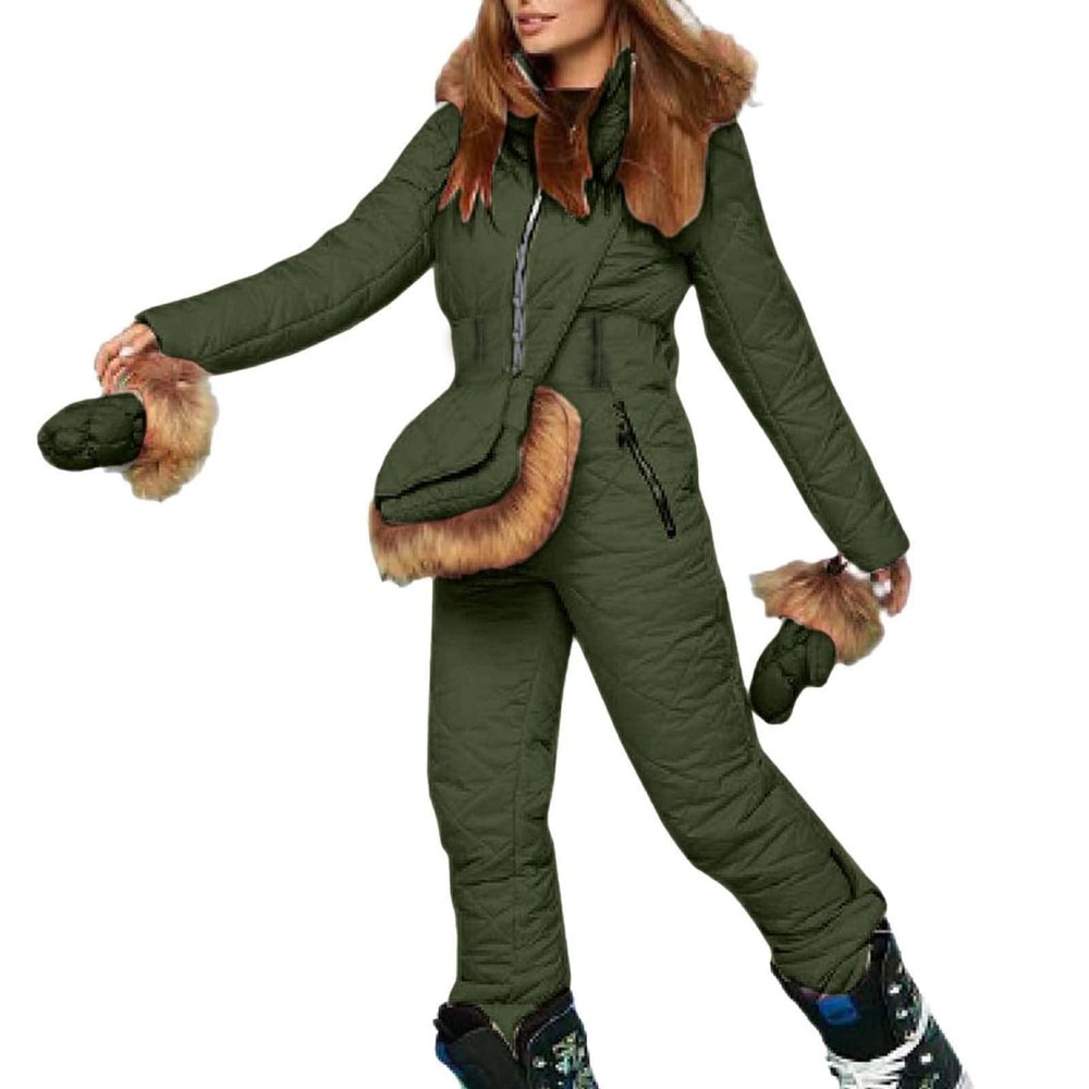 ZHUER Womens Winter Onesies Ski Suit Jumpsuit Fashion Hooded Outdoor Sports Waterproof Snowsuit with Removable Fur Collar D- Army Green