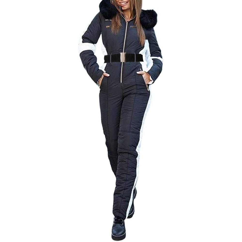 ZHUER Womens Winter Onesies Ski Suit Jumpsuit Fashion Hooded Outdoor Sports Waterproof Snowsuit with Removable Fur Collar B- Black