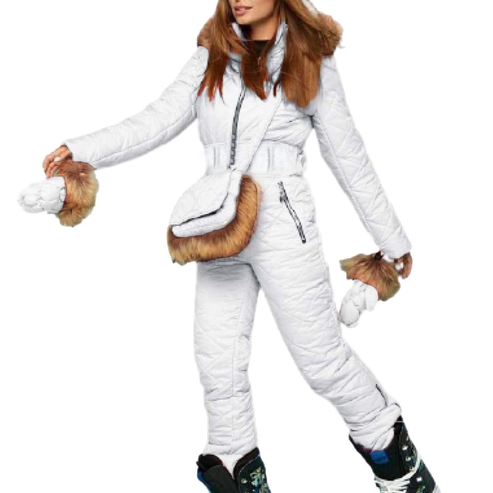 ZHUER Womens Winter Onesies Ski Suit Jumpsuit Fashion Hooded Outdoor Sports Waterproof Snowsuit with Removable Fur Collar D- White