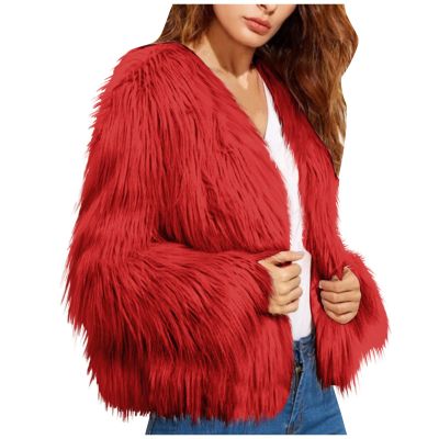 COTECRAM Jackets for Women Luxury Winter Warm Fluffy Faux Fur Plus Size Coat Parka Jacket Open Front Long Sleeve Cardigan Coats Casual Elegant Evening Wedding Guest Coats(J Red,Medium)