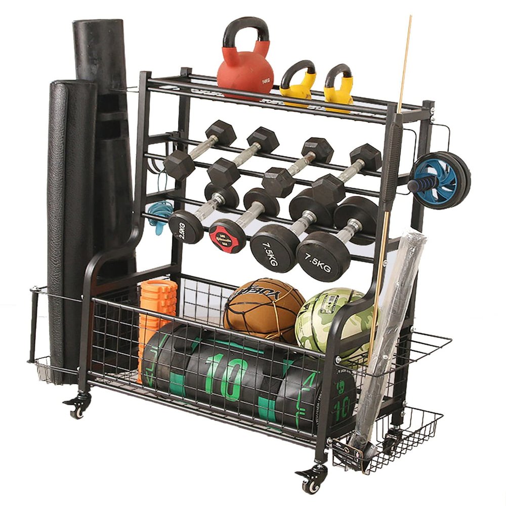 Dumbbell Rack Stand, Home Gym Storage for Dumbbells Kettlebells Yoga Mat and Balls, All in One Workout Storage with Wheels,Stand Only