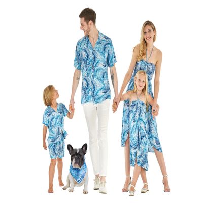 Matchable Family Hawaiian Luau Shirts, Simply Blue Leaves, Dog, Size Large