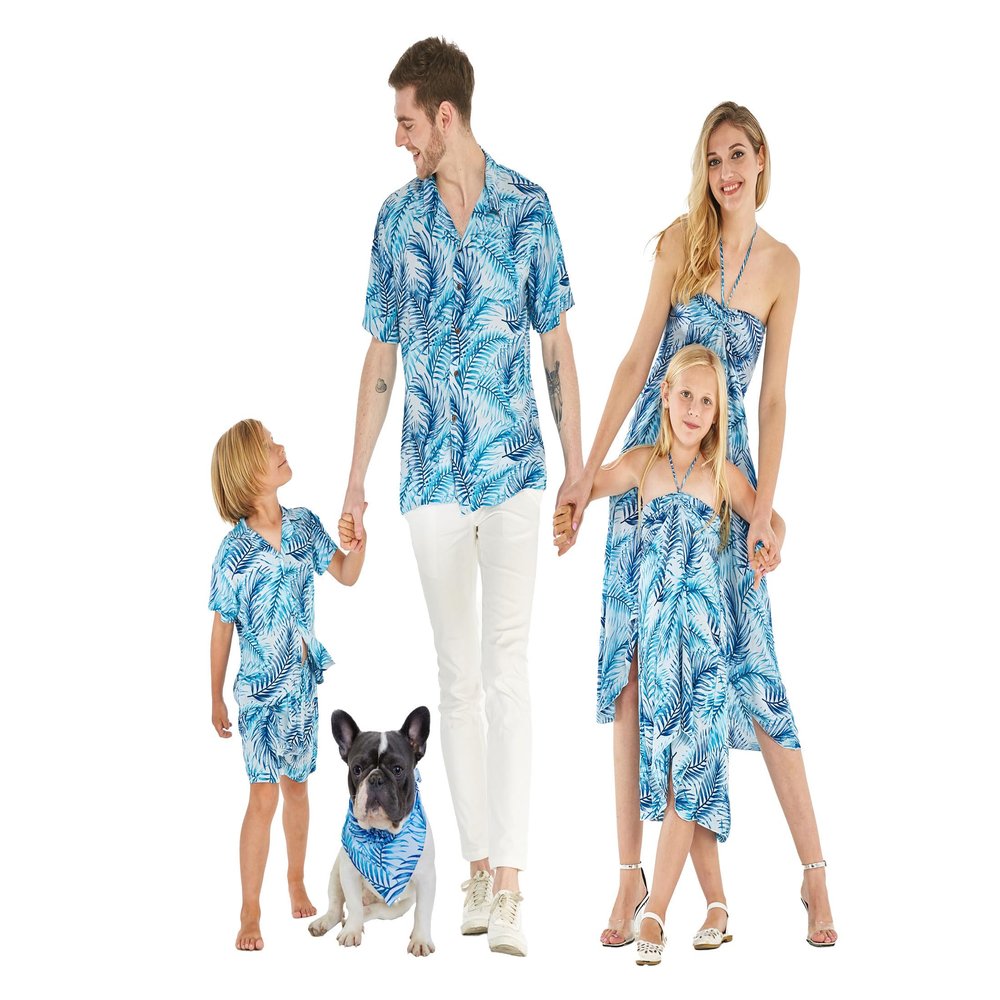 Matchable Family Hawaiian Luau Shirts, Simply Blue Leaves, Dog, Size Large