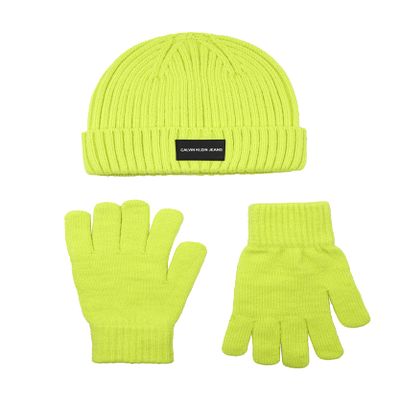 Calvin Klein Boy's Rib Cuff Hat and Glove Set, Acid Lime, 8-16