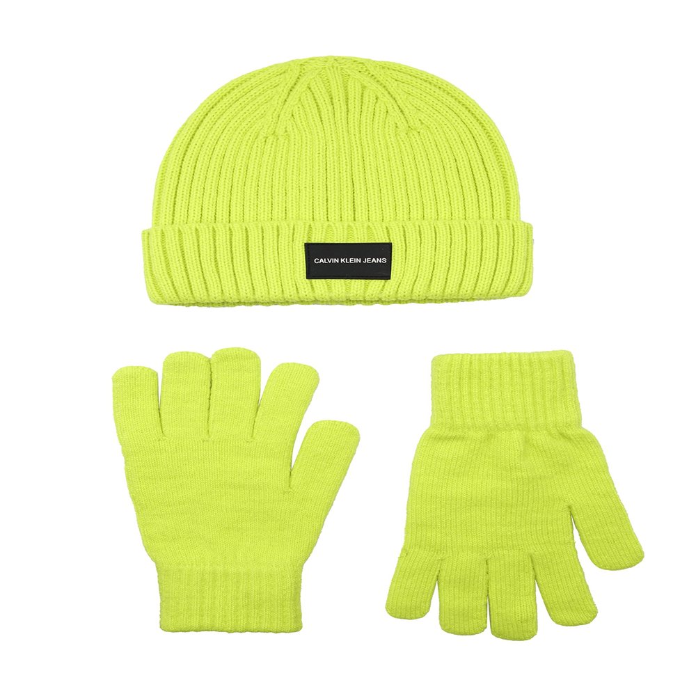 Calvin Klein Boy's Rib Cuff Hat and Glove Set, Acid Lime, 8-16
