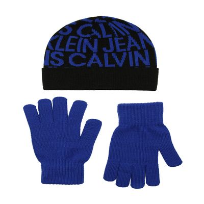Calvin Klein Boy's CKJ All Over Logo Solid Beanie and Glove Set, Surf The Web, 8-16
