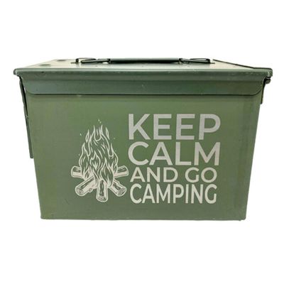 Ammo Can Man | Laser Engraved Keep Calm and GO Camping | Grade 1 Military Ammo Cans | 30 Cal, 50 Cal or Fat 50 with Locking Kit Option (30 Cal - Grade 1 - Go Camping)