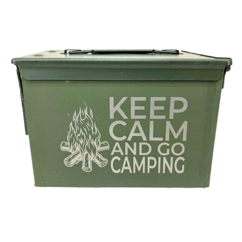 Ammo Can Man | Laser Engraved KEEP CALM AND GO CAMPING | Grade 1 Military Ammo Cans | 30 Cal, 50 Cal or Fat 50 with Locking Kit Option (50 Cal - Grade 1 - Go Camping)