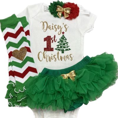 My First Christmas Baby Girl Outfit Personalized Name Holiday Outfit Optional Tutu Bloomers Headband and Leg Warmers (First Christmas Green)