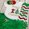 My First Christmas Baby Girl Outfit Personalized Name Holiday Outfit Optional Tutu Bloomers Headband and Leg Warmers (First Christmas Green) view 4