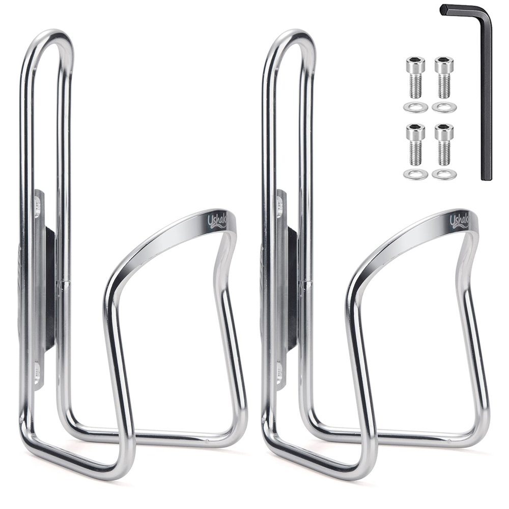 USHAKE Water Bottle Cages for MTB Bikes - Lightweight Aluminum Alloy Holder Brackets - Easy to Install with Drilled Holes - 2 Pack Silver
