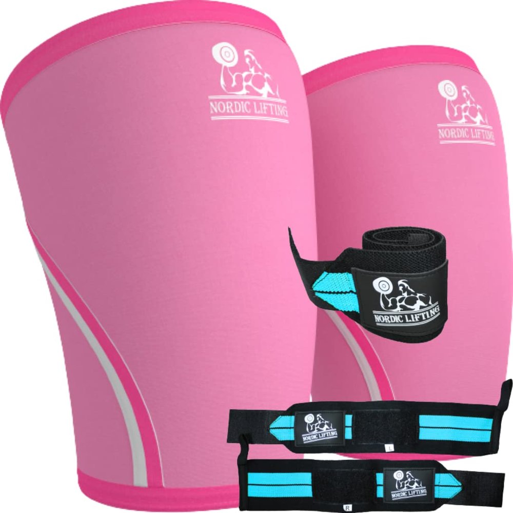 Nordic Lifting Knee Sleeves Large - Pink Bundle with Wrist Wraps 1p - Aqua Blue