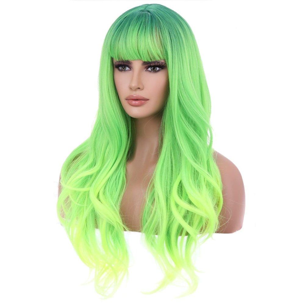 BERON Neon Green Wig Long Wavy Soft Synthetic Wigs with Straight Bangs for Women Cosplay Party Halloween Wig Cap Include