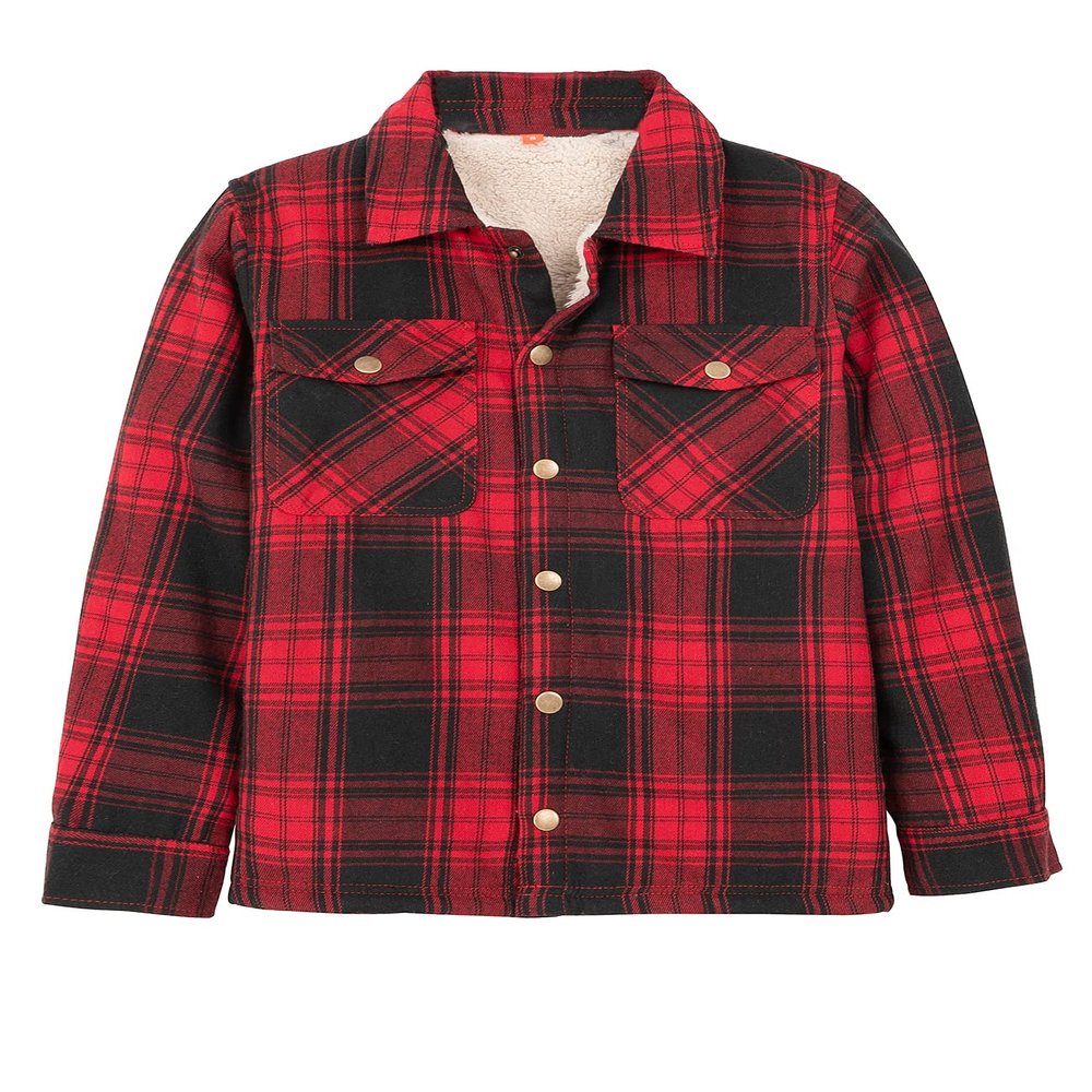 ZENTHACE Big Kids Boys Girls Flannel Jacket Shacket Sherpa Fleece Lined Flannel Plaid Shirt Fall Winter Coat Red S Size 5-6