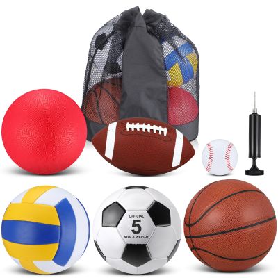 Libima 6 Pcs Multi Sport Ball Set Official Size Football Basketball Soccer Volleyball Playground Ball Baseball with Outdoor Sports Equipment Bag Pump Christmas Sports Gift(Classic Style)