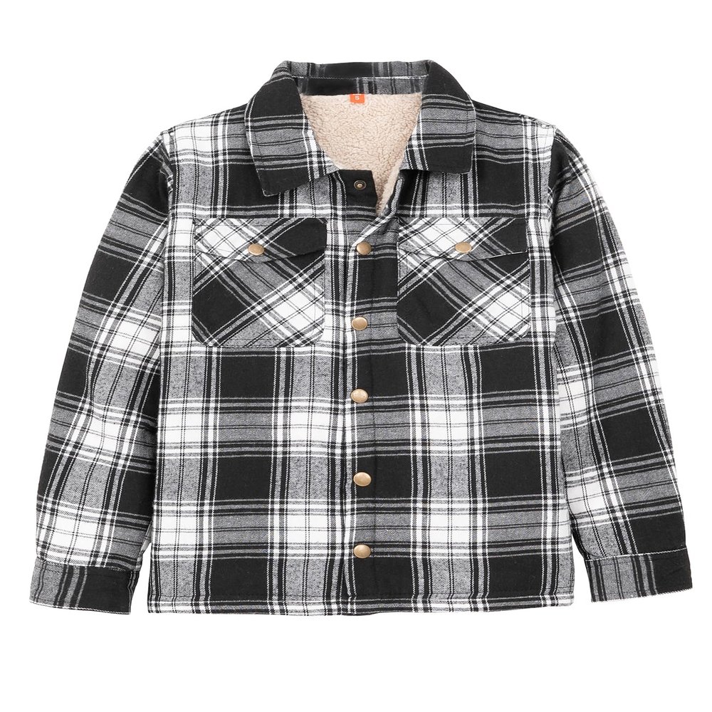 ZENTHACE Teen Boys Girls Sherpa Fleece Lined Flannel Jacket Snap Buffalo Plaid Shirt Shacket Jackets Winter BLKW M Size 7-8
