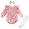 Baby Girls Winter Snowflake 1st Birthday Outfit Velvet One Year Old Pink Romper Long Sleeve Bodysuit+Headband+Socks 3PCS Cake Smash Photo Shoot Outfits Pink-White One 6-12 Months view 1