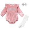 Baby Girls Winter Snowflake 1st Birthday Outfit Velvet One Year Old Pink Romper Long Sleeve Bodysuit+Headband+Socks 3PCS Cake Smash Photo Shoot Outfits Pink-White One 6-12 Months view 2