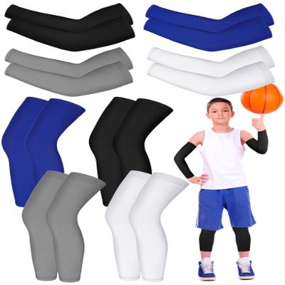 Patelai 8 Pair Kids Arm and Sleeve Set Non Slip Long Compression Basketball Soccer Football Leg Sleeve for Boy Girl Youth(Medium,White, Black, Blue, Gray)