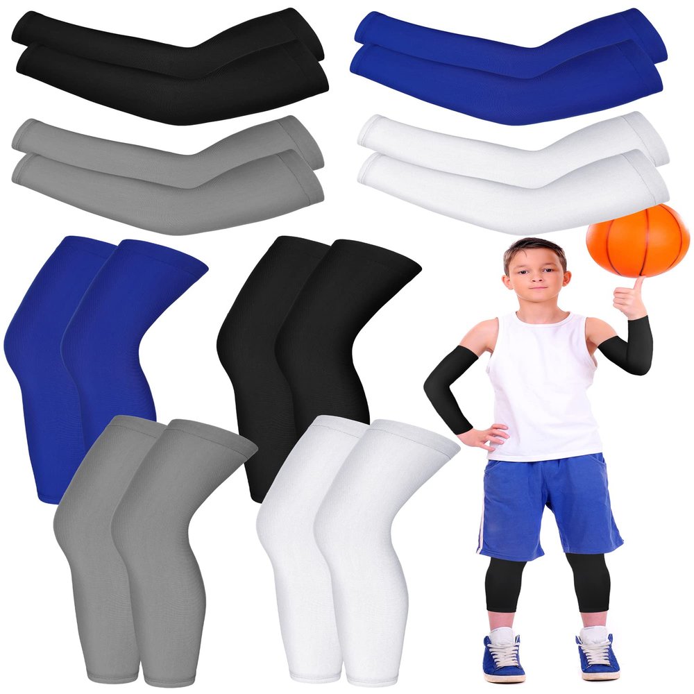 Patelai 8 Pair Kids Arm and Sleeve Set Non Slip Long Compression Basketball Soccer Football Leg Sleeve for Boy Girl Youth(Medium,White, Black, Blue, Gray)