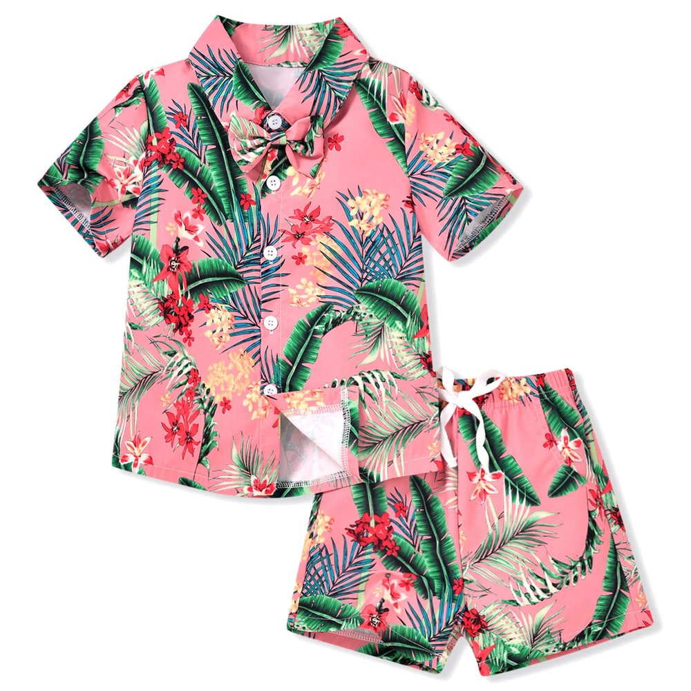 HINTINA Toddler Little Boy Shorts Set Hawaiian Outfit Short Sleeve leaf Floral Flower Shirt Summer Clothes Set Suit 3-4T