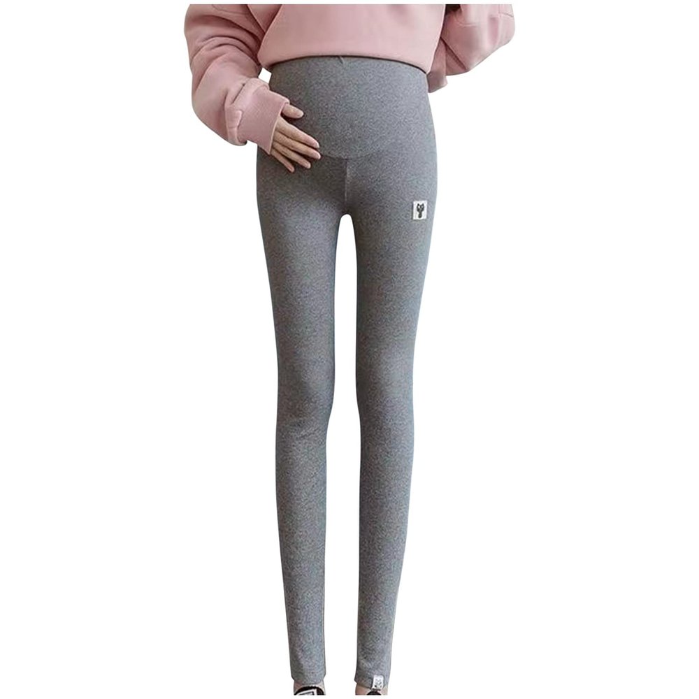 Womens Maternity Fleece Lined Leggings Over The Belly Pregnancy Warm Yoga Tight Workout Active Pants with Pockets Dark Gray