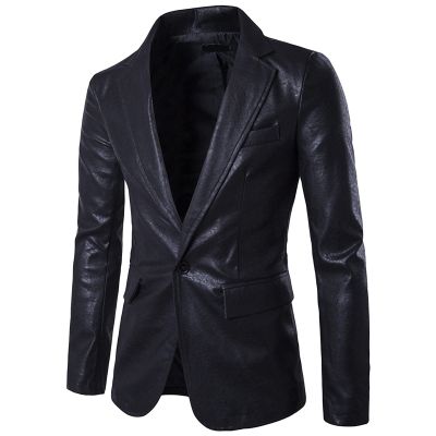 JEsilunmaMY Men's Casual Leather Blazer Slim Fit 1 Button Lightweight Sport Coat Wedding Prom Dinner Business Spring Jacket (Black,X-Large)